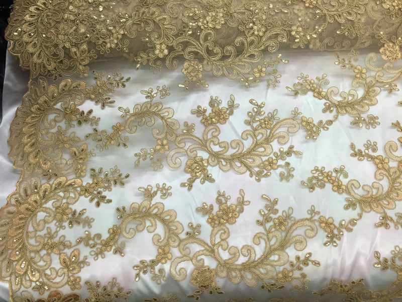 Gold corded flower design-embroider with sequins on a mesh lace fabric-prom-nightgown-decorations-sold by the yard-