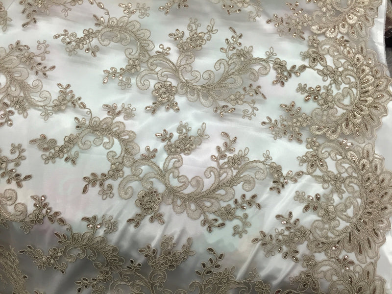 Taupe corded french design-embroider with sequins on a mesh lace fabric-sold by the yard-