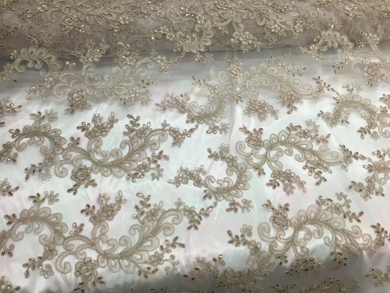 Taupe corded french design-embroider with sequins on a mesh lace fabric-sold by the yard-