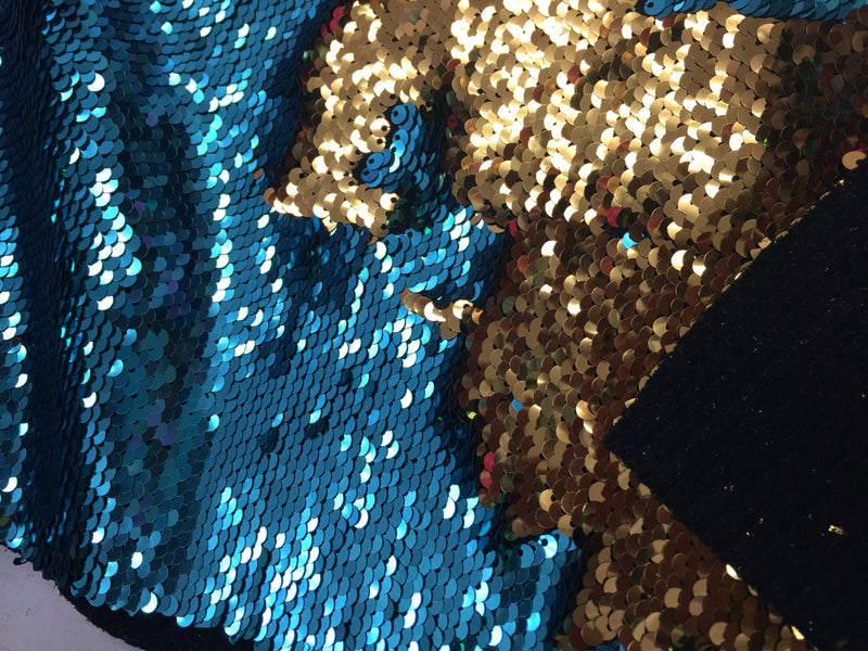 Turquoise-gold mermaid fish scales 2 way stretch lycra 2 tone flip flop shiny sequins-prom-nightgown-decorations-deesses-sold by yard