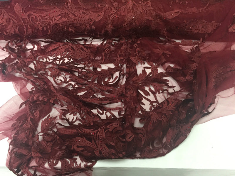 Matte burgundy rhinestone vines embroider on a mesh lace fabric- sold by yard
