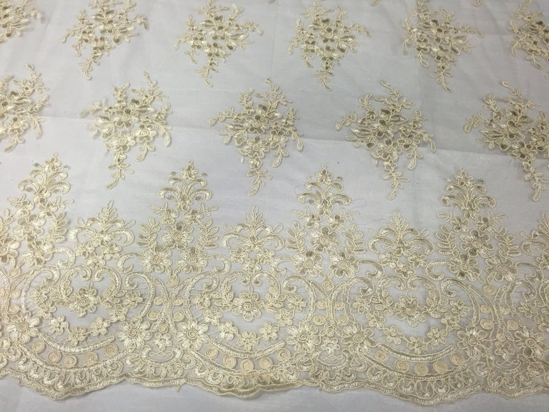 Dark ivory royal flower design embroider widh sequins and corded on a mesh lace -yard
