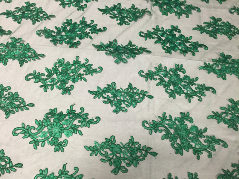 Green paisley flowers embroider on a mesh lace-dresses-fashion-decorations-apparel-prom-nightgown-sold by the yard.