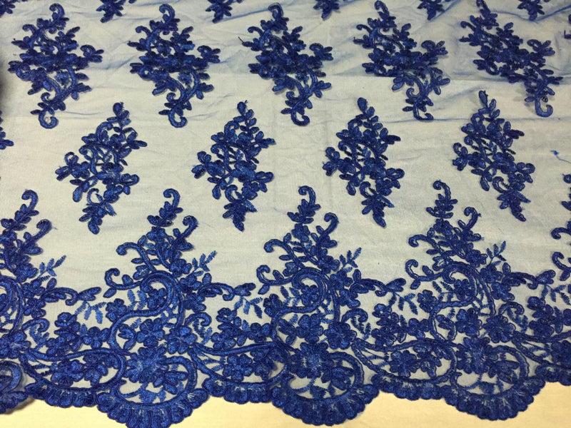 Royal blue classy paisley flowers embroider on a mesh lace-yard