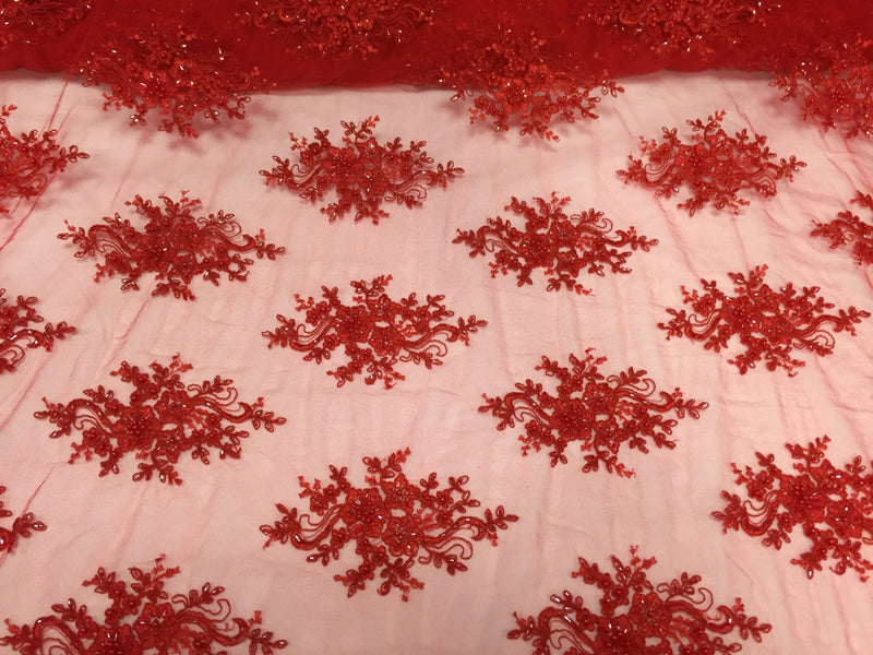 Red marvelous flower design embroider and beaded on a mesh Lace-prom-decorations-nightgown-sold by the yard.