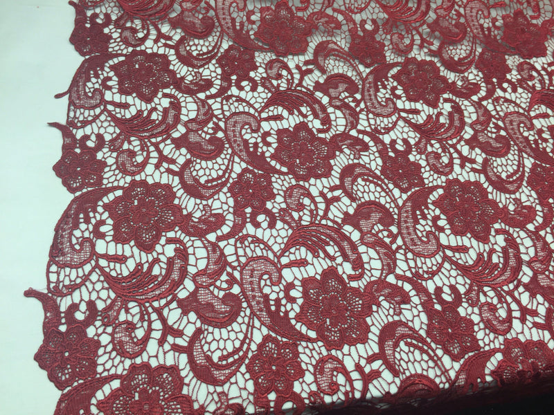 Fascinating Burgundy light weight guipure design-prom-nightgown-decorations-sold by the yard