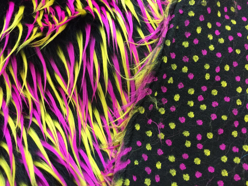 3 tone spikes faux fur- neon yellow/fuchsia/black-Shaggy faux fur-fashion-decorations-apparel-throw blankets-sold by the yard.