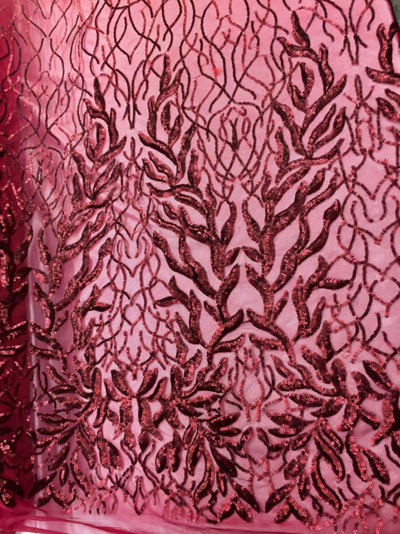 Dazzling Burgundy fashion tree embroider with sequins on a mesh lace-prom-nightgown-decorations-sold by the yard