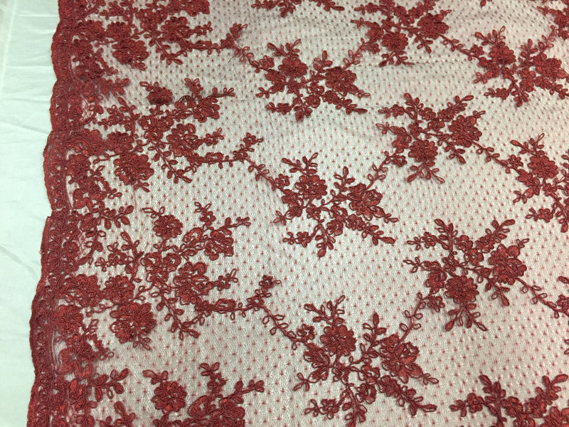 Sensational burgundy flowers Embroider And Corded On a Polkadot Mesh Lace -yd