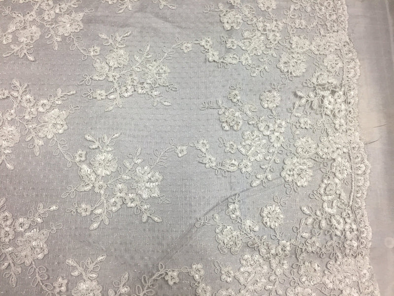 Sensational ivory flowers Embroider And Corded On a Polkadot Mesh Lace-prom-nightgown-decorations-dresses-sold by the yard.