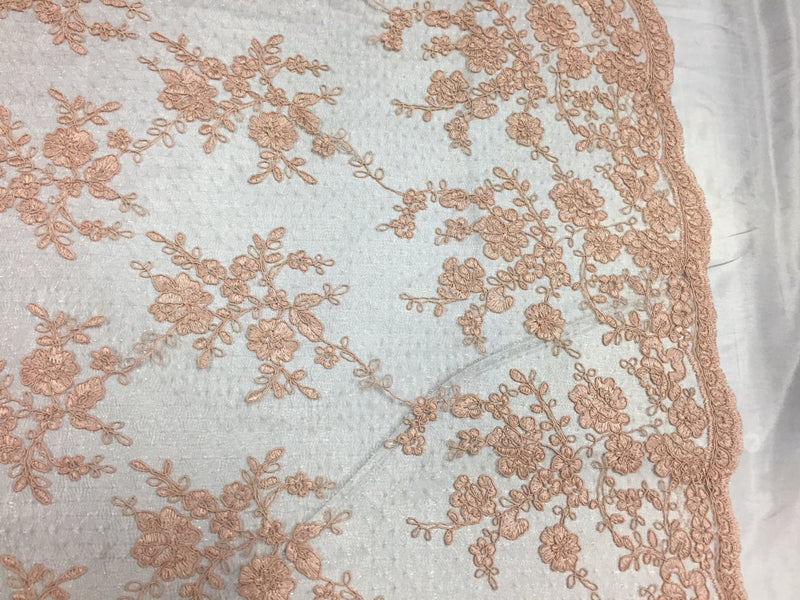 Sensational peach flowers Embroider And Corded On a Polkadot Mesh Lace-prom-nightgown-decorations-dresses-sold by the yard.