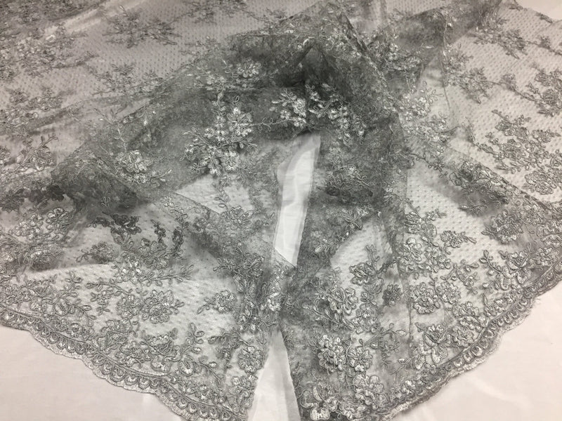 Sensational gray flowers Embroider And Corded On a Polkadot Mesh Lace-prom-nightgown-decorations-dresses-sold by the yard.