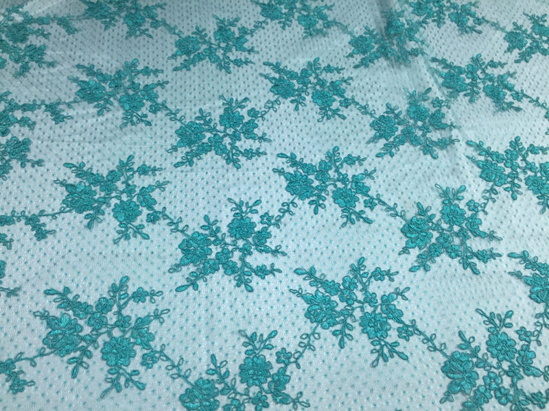 Sensational teal flowers Embroider And Corded On a Polkadot Mesh Lace -yard