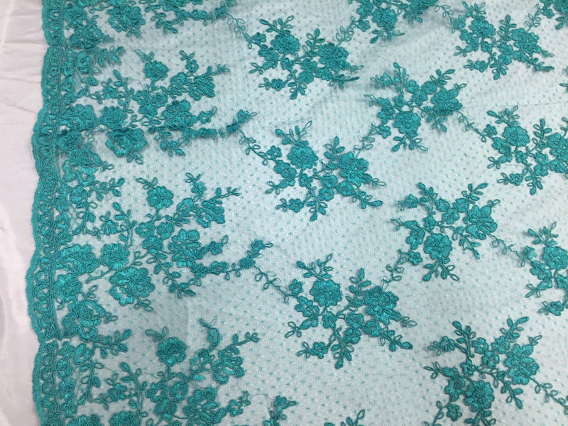 Sensational jade flowers Embroider And Corded On a Polkadot Mesh Lace-prom-nightgown-decorations-dresses-sold by the yard.