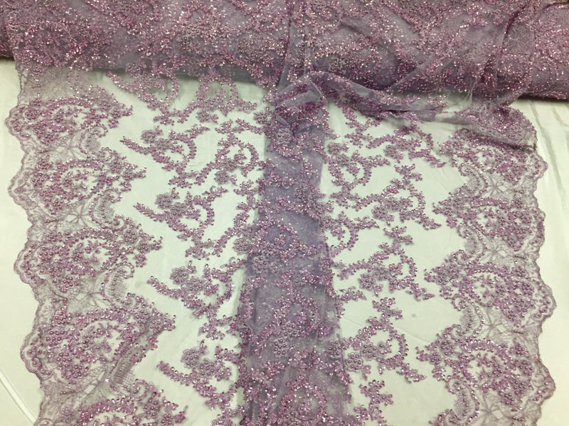 Majestic lilac vine design embroider wnd Heavy Beaded On A Mesh Lace-prom-nightgown-decorations-dresses-sold by the yard.