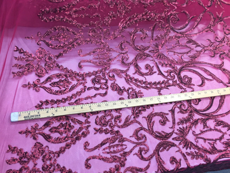 Matte burgundy damask design embroider with sequins on a 2 way stretch mesh-prom-nightgown-decorations-sold by the yard.