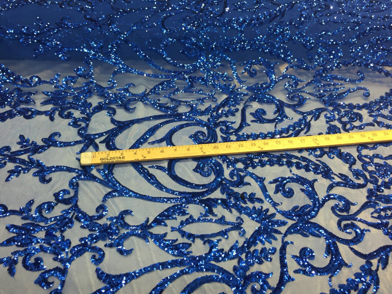 Royal blue damask design embroider with sequins on a 2 way stretch mesh-prom-nightgown-dresses-decorations-sold by the yard.