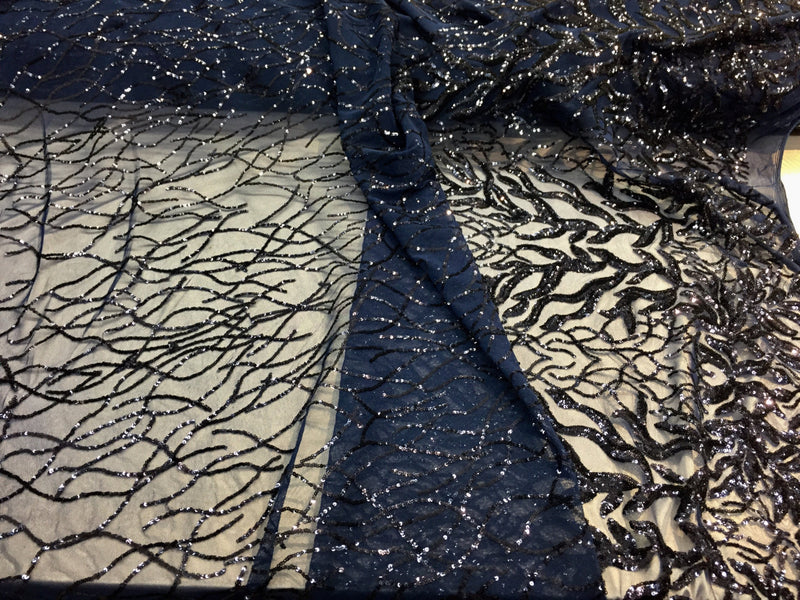 Dazzling navy blue fashion tree embroider with sequins on a mesh lace-prom-nightgown-decorations-sold by the yard.