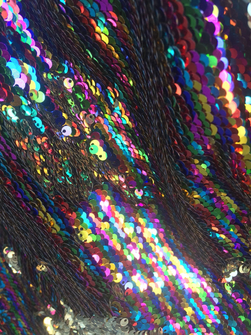 Rainbow/ gold Shinny mermaid fish scale 2 way stretch flip flop fabric-prom-nightgown-decorations-sold by the yard.