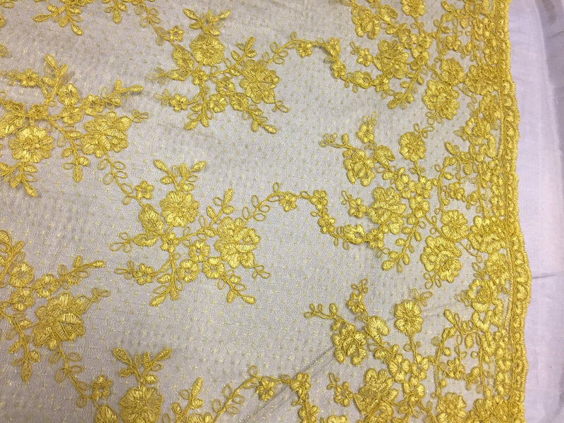 Sensational yellow flowers Embroider And corded On A Polkadot Mesh Lace-prom-nightgown-decorations-dresses-sold by the yard.