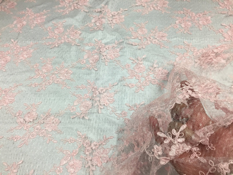 Sensational Light pink flowers Embroider And Corded On a Polkadot Mesh Lace-prom-nightgown-decorations-dresses-sold by the yard.