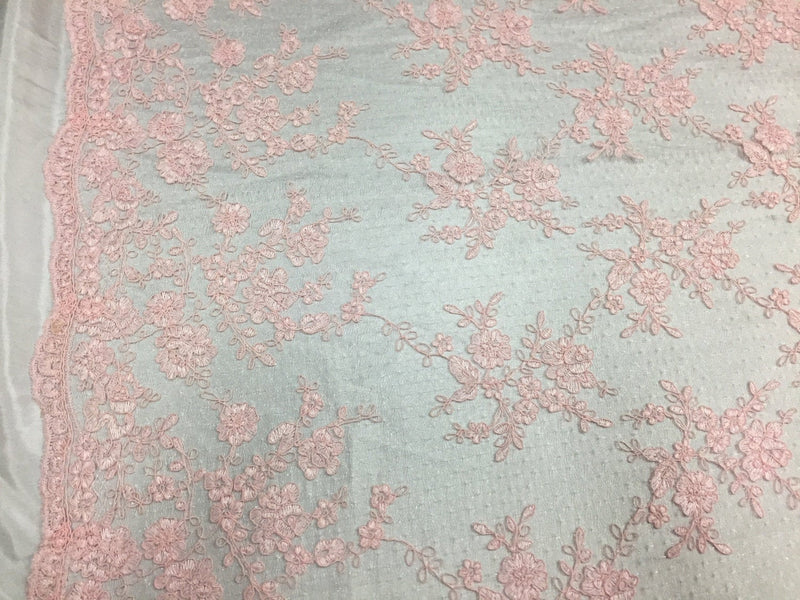 Sensational Light pink flowers Embroider And Corded On a Polkadot Mesh Lace-prom-nightgown-decorations-dresses-sold by the yard.