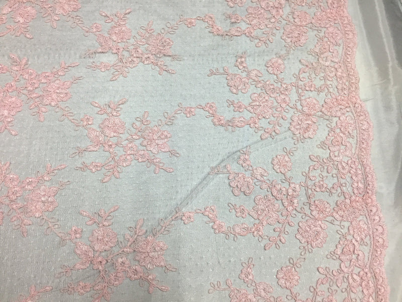 Sensational Light pink flowers Embroider And Corded On a Polkadot Mesh Lace-prom-nightgown-decorations-dresses-sold by the yard.