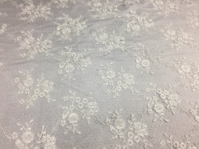 Sensational ivory flowers Embroider And Corded On a Polkadot Mesh Lace-prom-nightgown-decorations-dresses-sold by the yard.