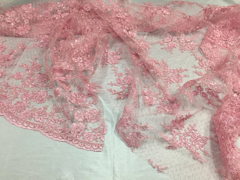 Sensational pink flowers Embroider On A Polkadot Mesh Lace-prom-nightgown-decorations-dresses-sold by the yard.