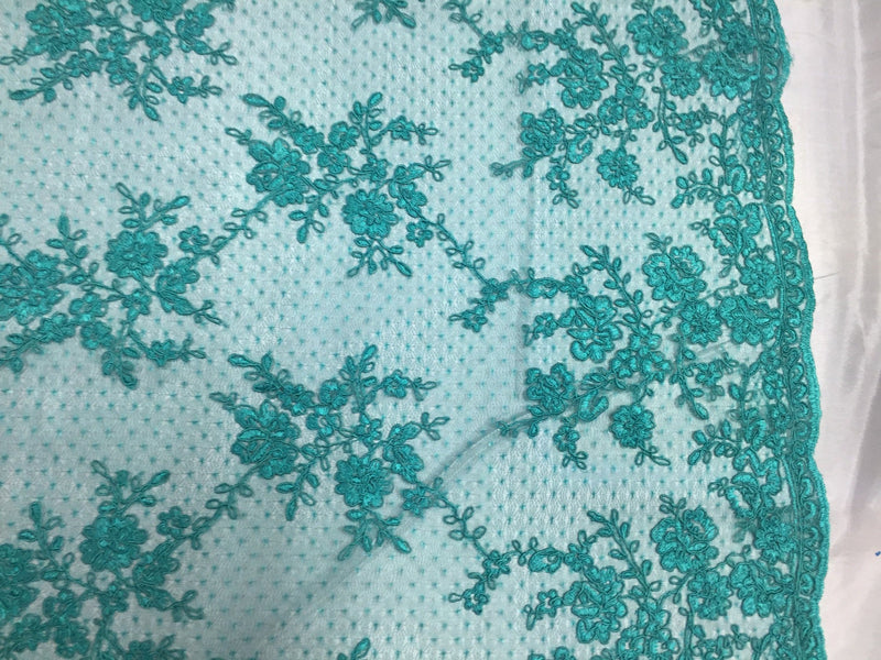 Sensational teal flowers Embroider And Corded On a Polkadot Mesh Lace -yard