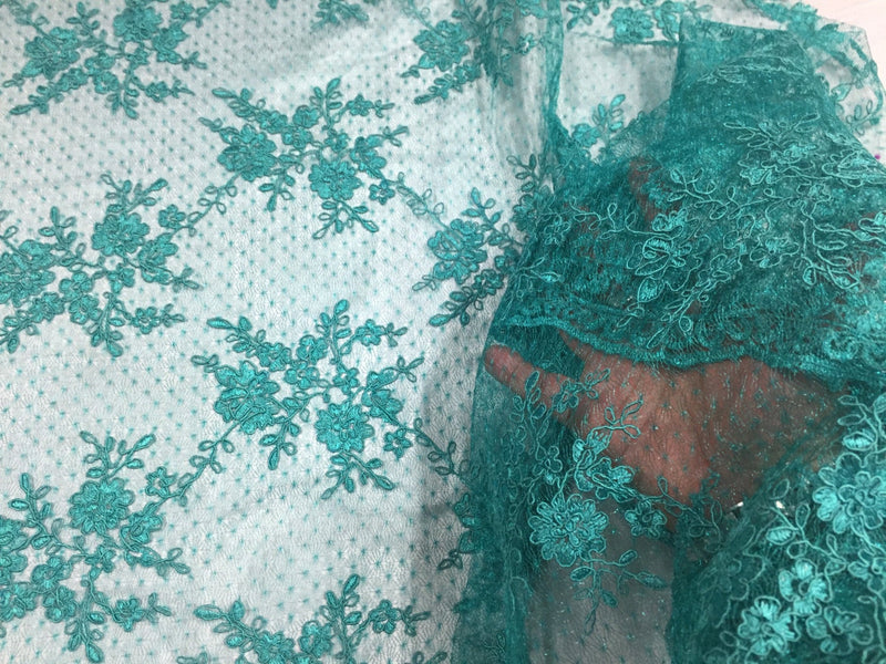 Sensational teal flowers Embroider And Corded On a Polkadot Mesh Lace -yard