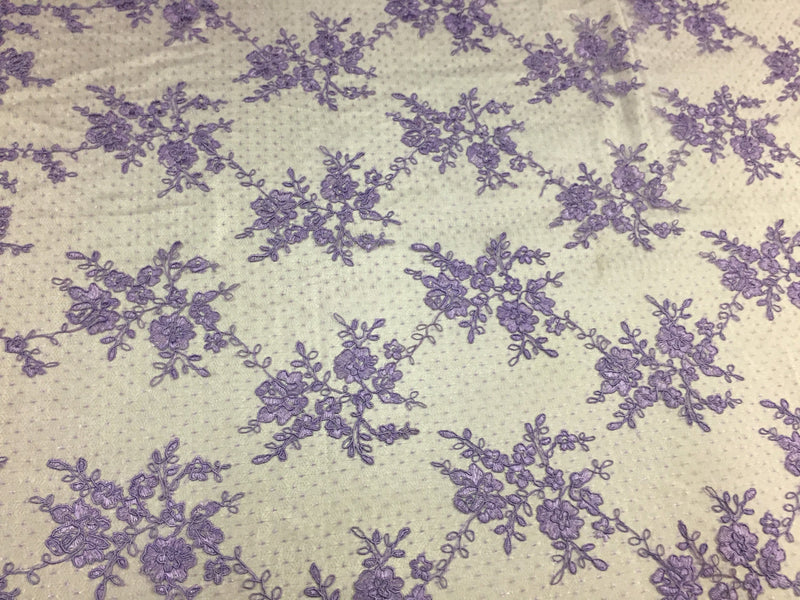 Sensational lavender flowers Embroider And Corded On a Polkadot Mesh Lace-prom-nightgown-decorations-dresses-sold by the yard.