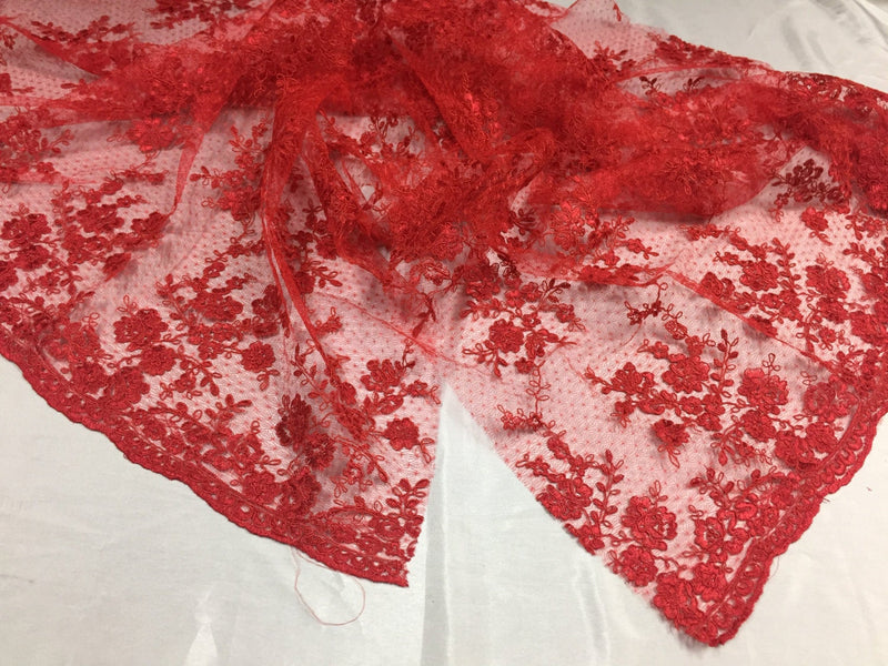 Sensational red Flowers Embroider And Corded On a Polkadot Mesh Lace-prom-nightgowns-decorations-dresses-sold by the yard.