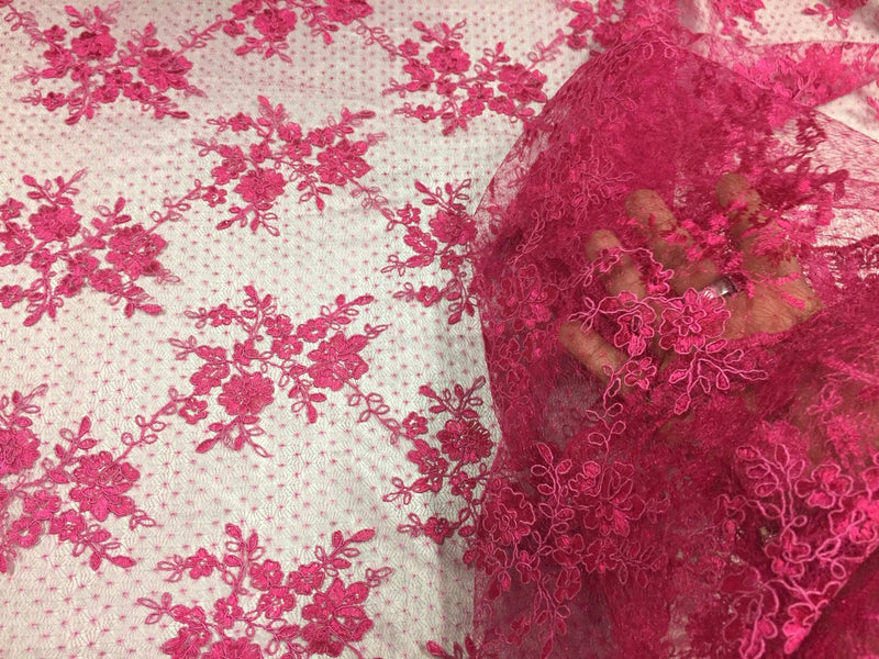 Sensational Fuchsia flowers Embroider And Corded On a Polkadot Mesh Lace-prom-nightgown-decorations-dresses-sold by the yard.