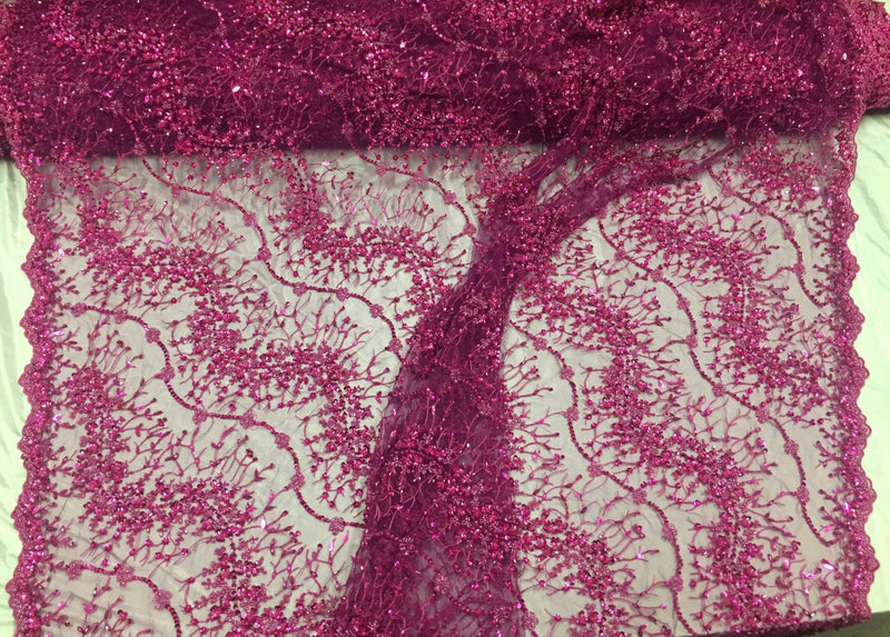 Fuchsia french beaded design embroider on a mesh lace-prom-nightgown-wedding-bridal-sold by the yard.