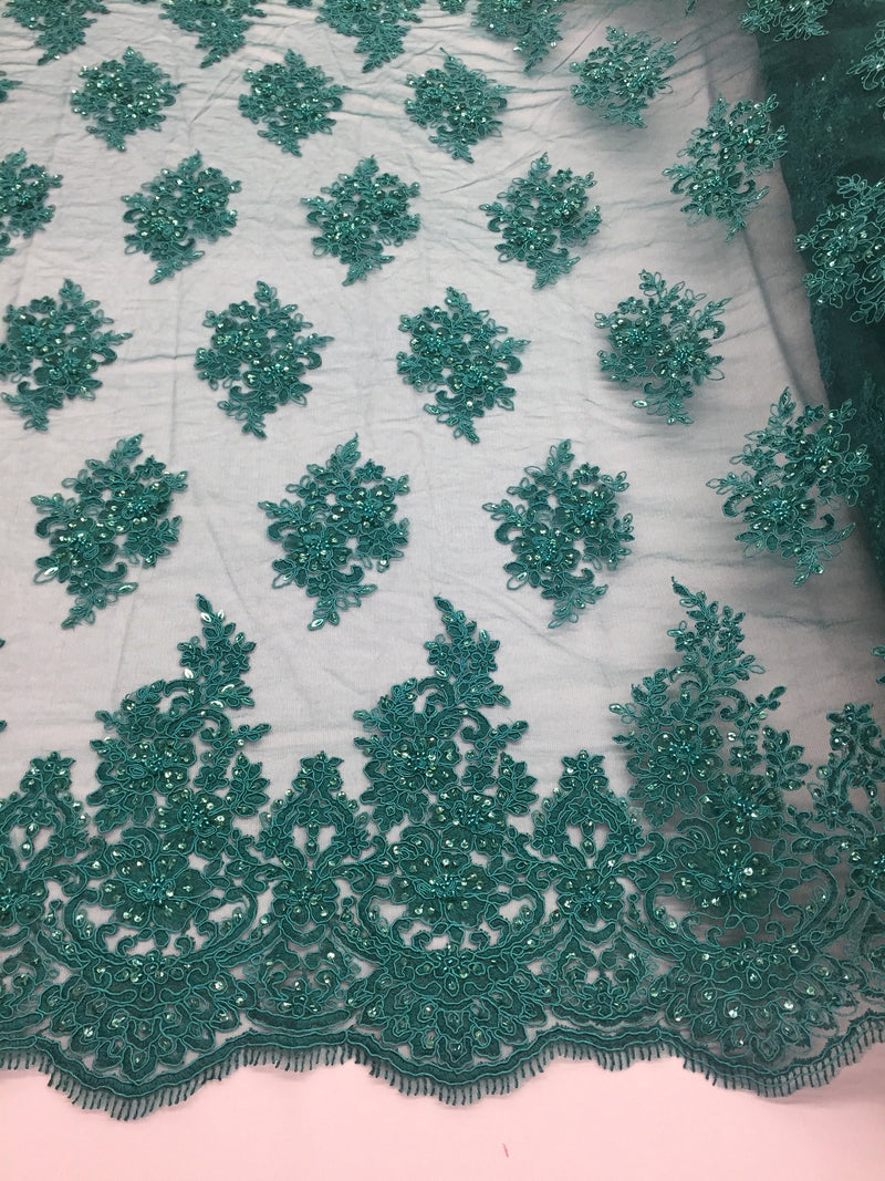 Teal green charming design embroider and beaded on a mesh lace-prom-nightgown-wedding-bridal-sold by the yard.