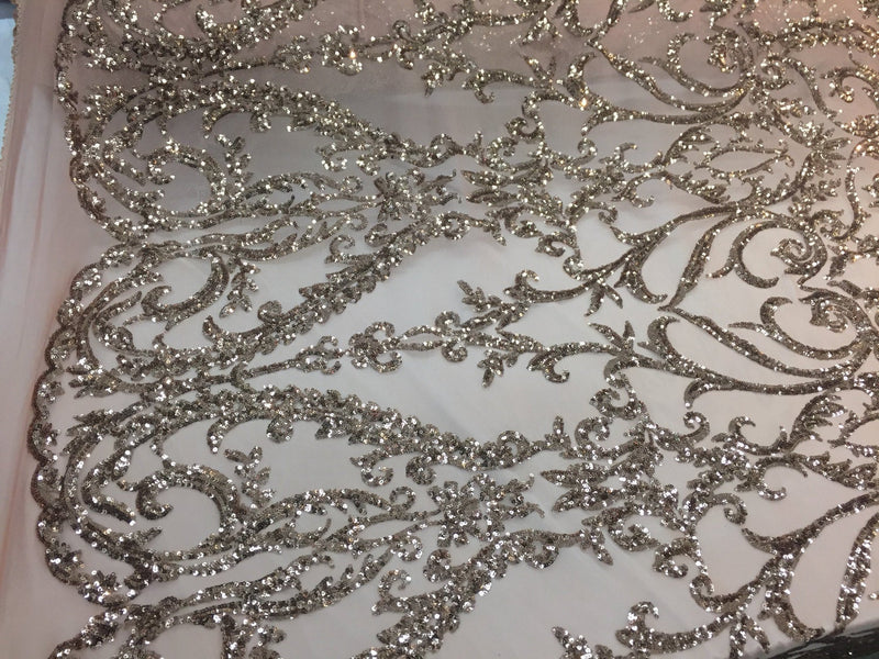 Skin damask design embroider with Sequins on a 4 way stretch mesh-sold by the yard.