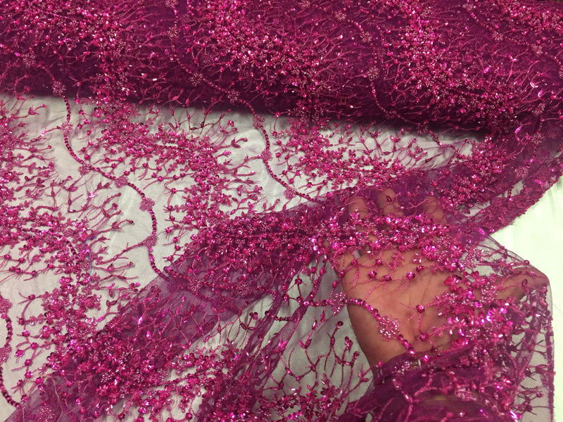 Fuchsia french beaded design embroider on a mesh lace-prom-nightgown-wedding-bridal-sold by the yard.