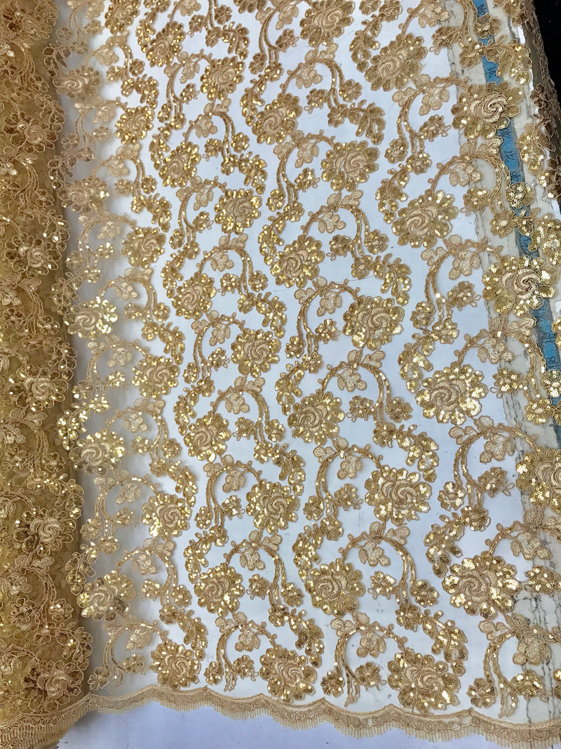 Gold flowers embroider with sequins and corded on a mesh lace-wedding-bridal-prom-nightgown-decorations-sold by the yard.