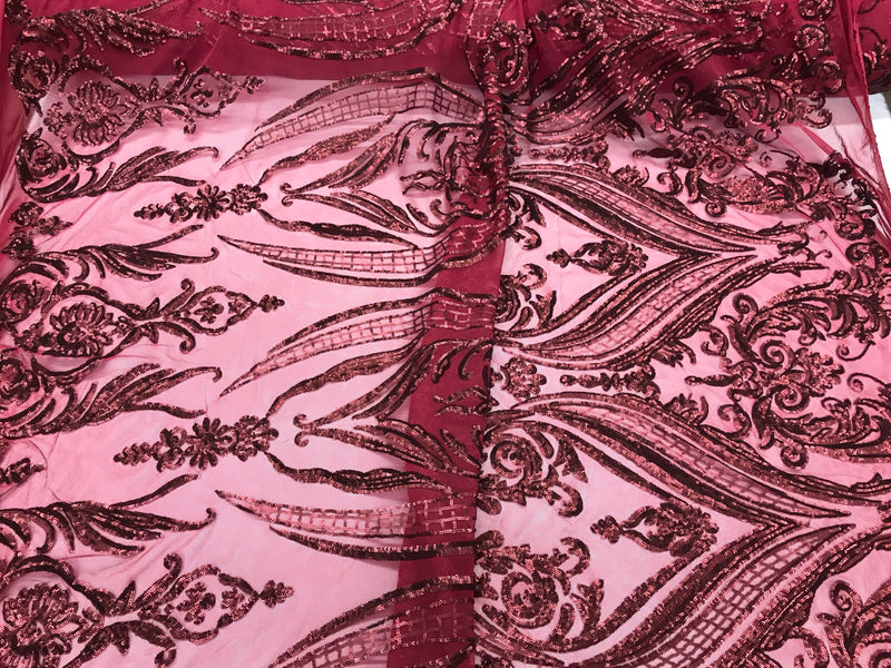Matt burgundy empire design with sequins embroider on a 2 way stretch mesh fabric-sold by the yard