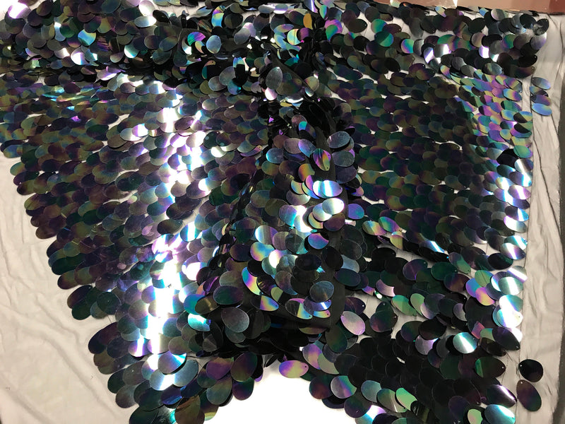 Black hologram iridescent mermaid fish scales on a black mesh-sequins-prom-decorations-nightgown-dresses-sold by the yard.