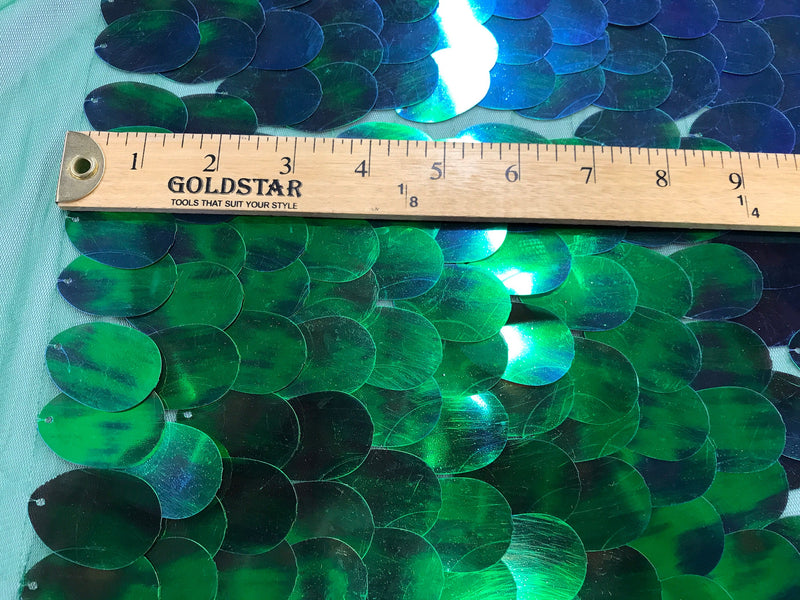 Green hologram iridescent mermaid fish scales on a green mesh-prom-decorations-dresses-sequins-nightgown-craft-sold by the yard.