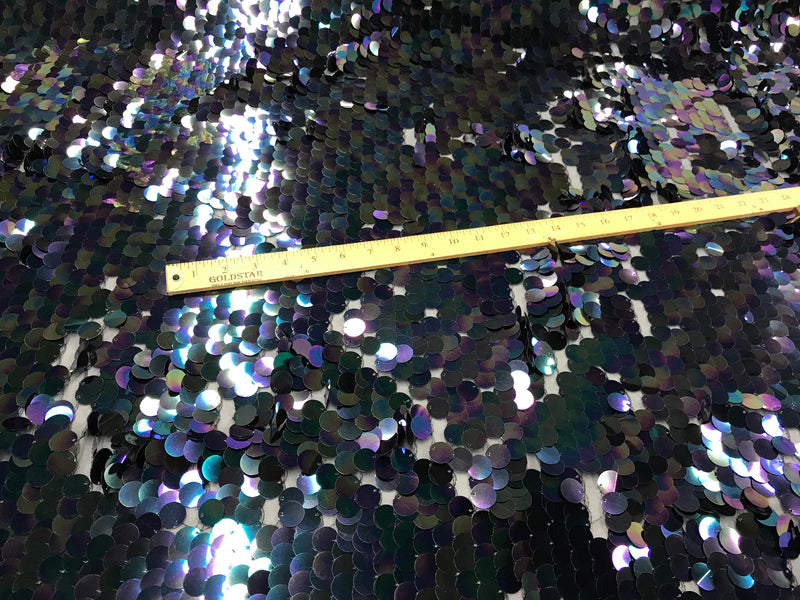 Black round hologram iridescent mermaid fish scales on a black mesh-prom-nightgown-decorations-dresses-craft-sold by the yard.