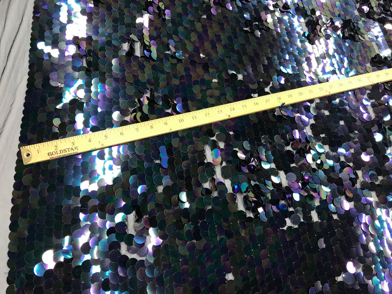 Black round hologram iridescent mermaid fish scales on a black mesh-prom-nightgown-decorations-dresses-craft-sold by the yard.