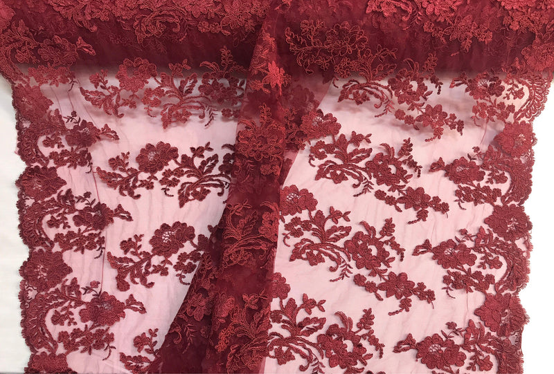 Burgundy floral design embroider and corded on a mesh lace fabric-prom-decorations-nightgown-fashion-sold by the yard.