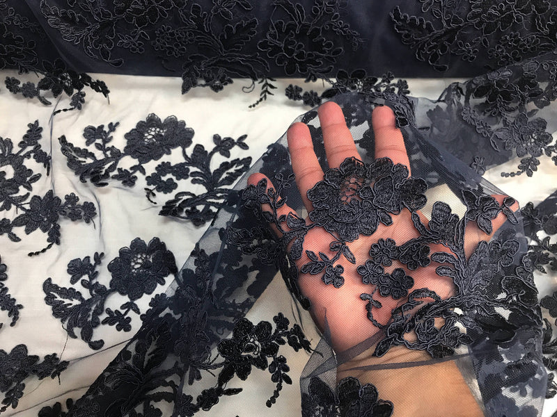 Navy blue floral design embroider and corded on a mesh lace fabric-fashion-decorations-prom-nightgown-sold by the yard.