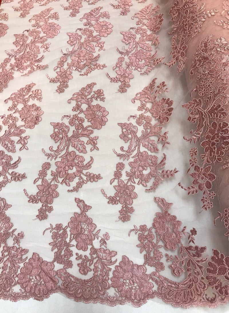 Dusty rose floral design embroider and corded on a mesh lace fabric-fashion-decorations-nightgown-prom-sold by the yard.
