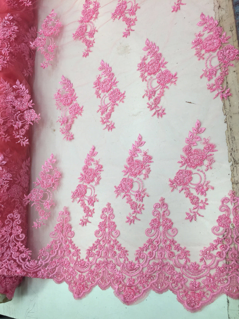 Elegant candy pink hand beaded flower design embroider on a mesh lace-prom-nightgown-bridal-wedding-sold by the yard.