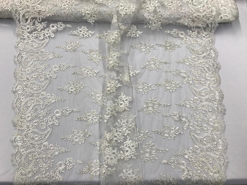 Ivory paisley flower embroider and corded with metallic silver tread-wedding-bridal-prom-nightgown-decorations-dresses-Sold by the yard.