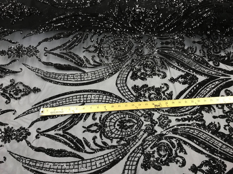 Black empire design embroider with sequins on a 2 way stretch mesh-wedding-bridal-prom-nightgown-dresses-sold by the yard.NEW!